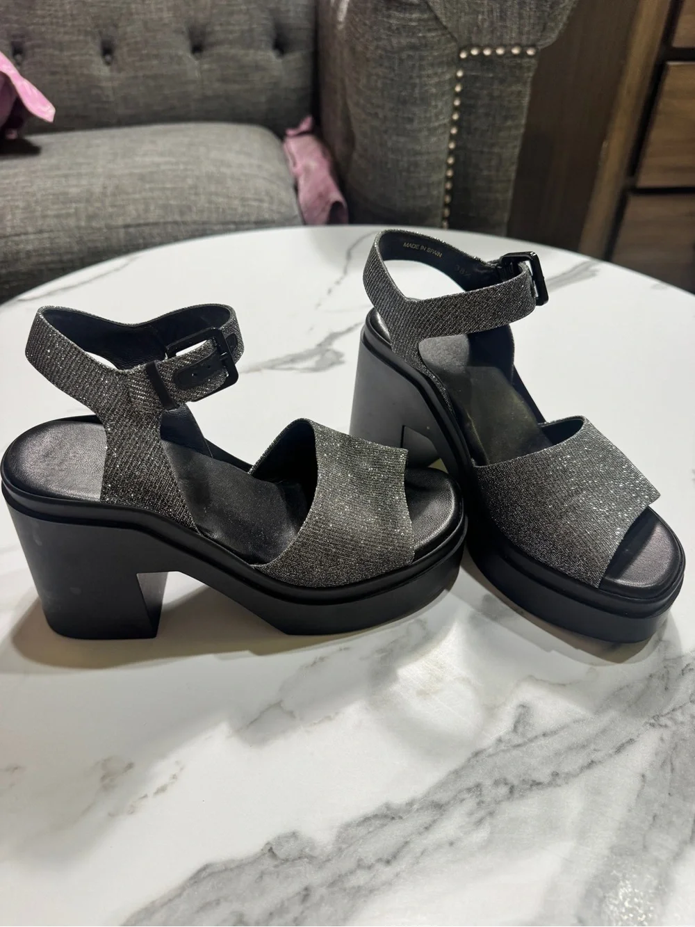 Robert Clergerie Silver Glitter Platform Sandals with Black Chunky Heel